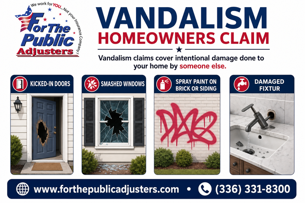 Vandalism Homeowners Claim Burlington, NC Infographic — <p>Vandalism claims cover intentional damage done to your home by someone else: kicked-in doors, smashed windows, spray paint on brick or siding, damaged fixtur.