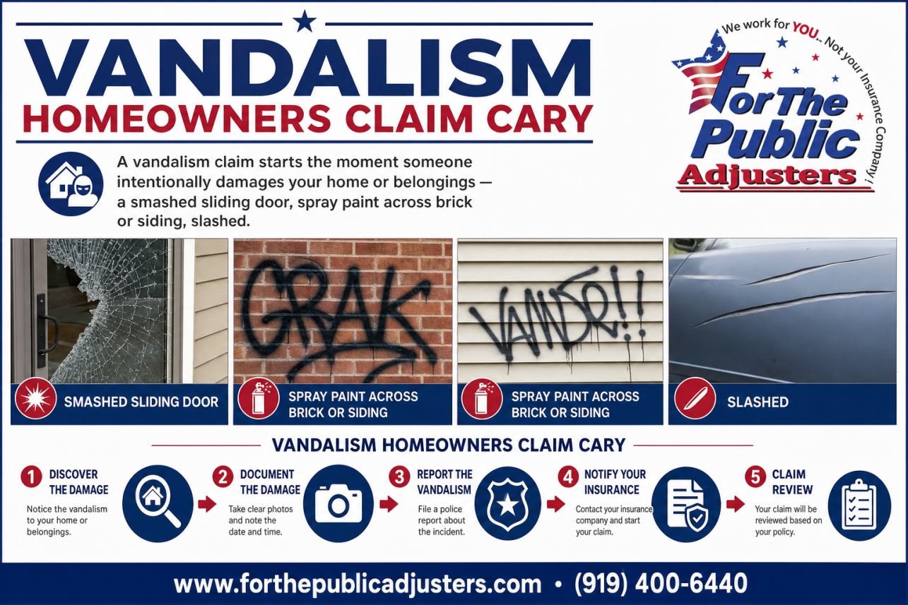 Vandalism Homeowners Claim Cary Infographic — A vandalism claim starts the moment someone intentionally damages your home or belongings — a smashed sliding door, spray paint across brick or siding, slashed.