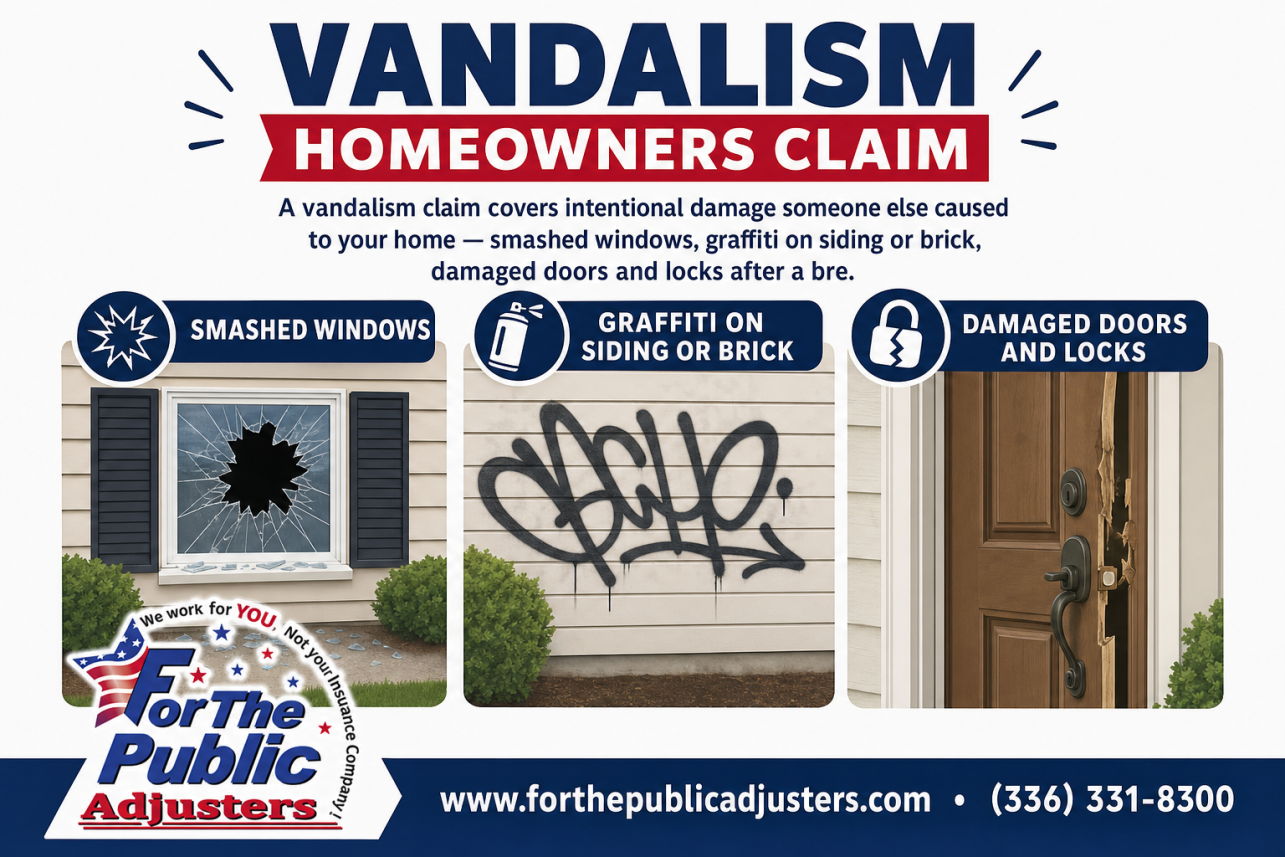 Vandalism Homeowners Claim Elon, NC Infographic — A vandalism claim covers intentional damage someone else caused to your home — smashed windows, graffiti on siding or brick, damaged doors and locks after a bre.