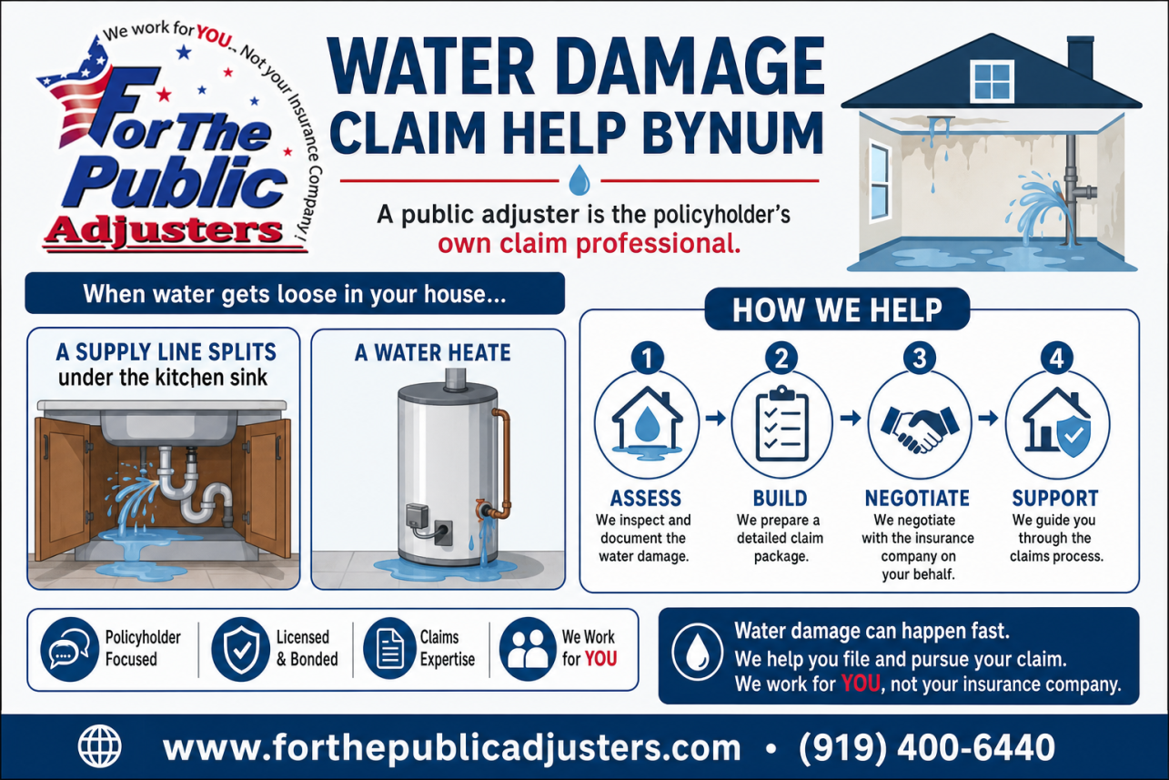 Water Damage Claim Help Bynum Infographic — A public adjuster is the policyholder's own claim professional. When water gets loose in your house — a supply line splits under the kitchen sink, a water heate.
