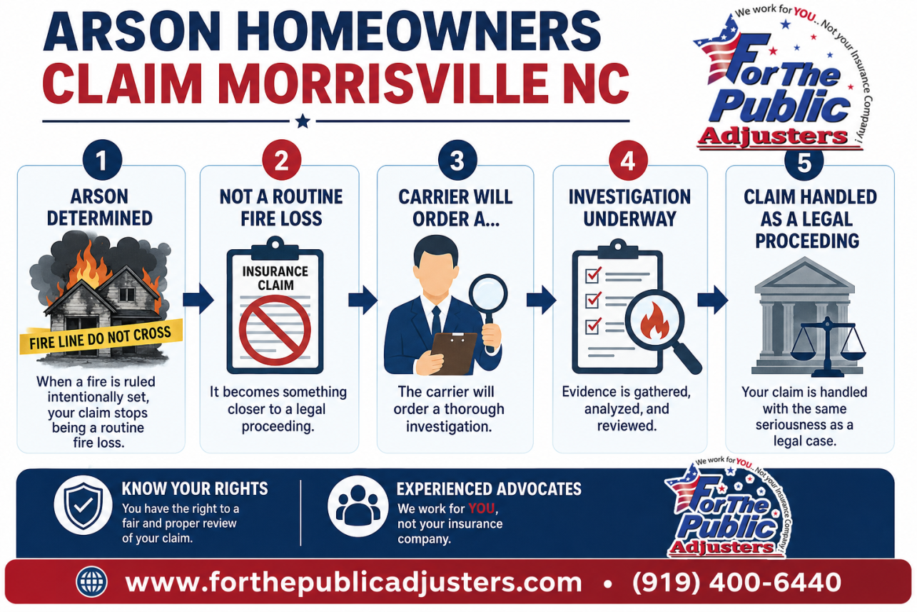 Arson Homeowners Claim Morrisville NC Infographic — When a fire is ruled intentionally set, your claim stops being a routine fire loss and becomes something closer to a legal proceeding. The carrier will order a.