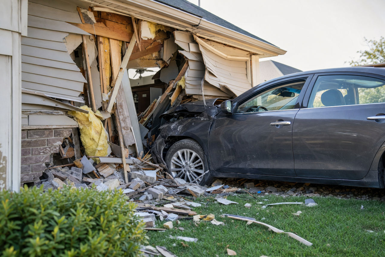 Car Hit My House showing car going through outside wall of home.