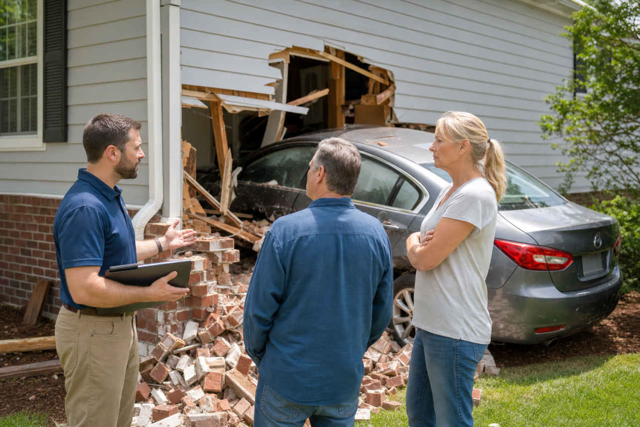 Car Hits Home Claim Raleigh NC — Whose insurance pays when a car hits my Raleigh home — mine or the driver's?.
