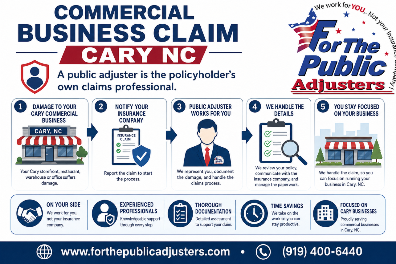 Commercial Business Claim Cary NC Infographic — A public adjuster is the policyholder's own claims professional. When your Cary storefront, restaurant, warehouse or office suffers damage, your insurance compa.