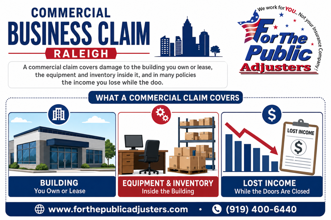 Commercial Business Claim Raleigh Infographic — A commercial claim covers damage to the building you own or lease, the equipment and inventory inside it, and in many policies the income you lose while the doo.