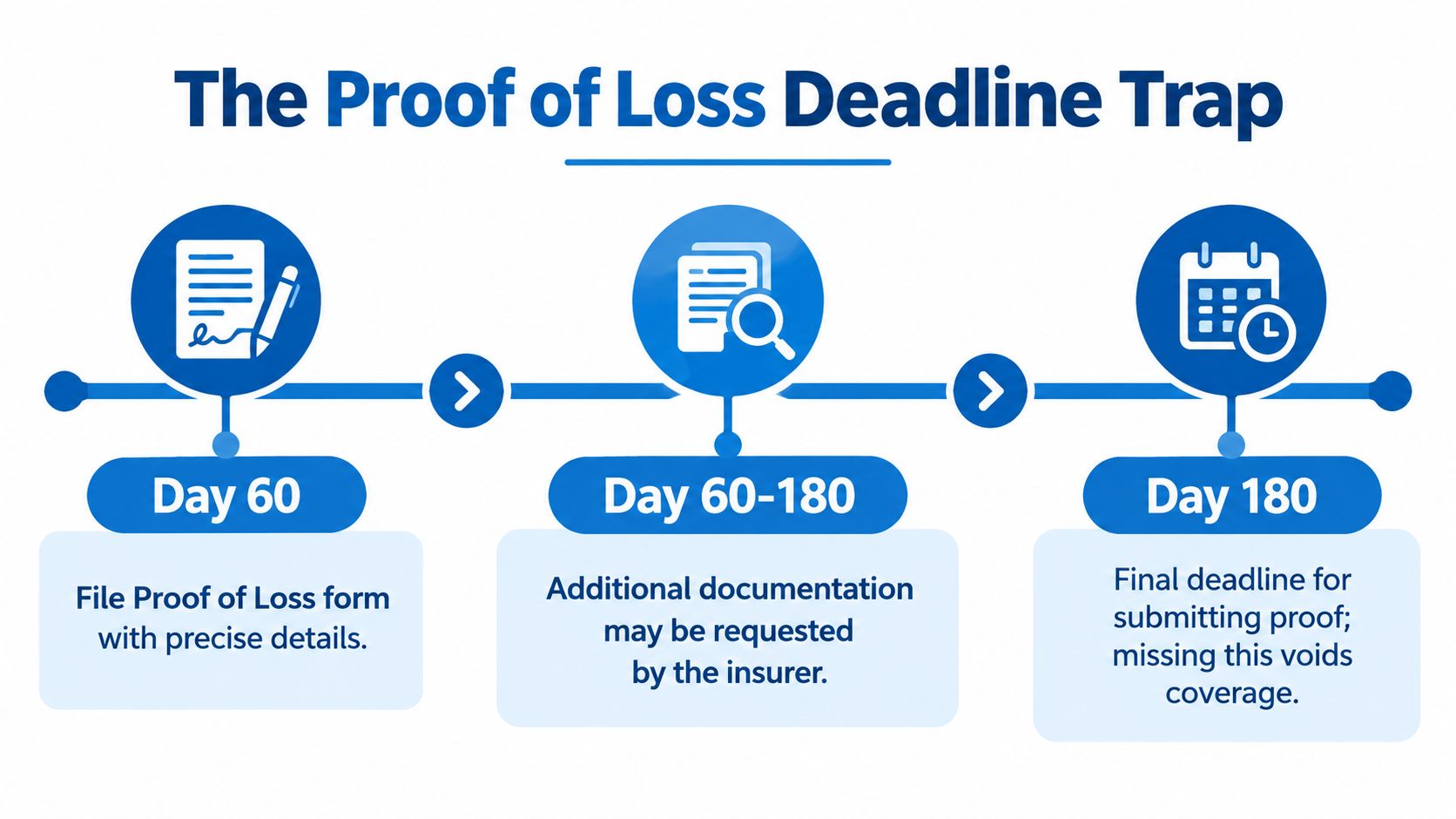A timeline graphic showing the insurance Proof of Loss deadlines from day 60 through day 180.