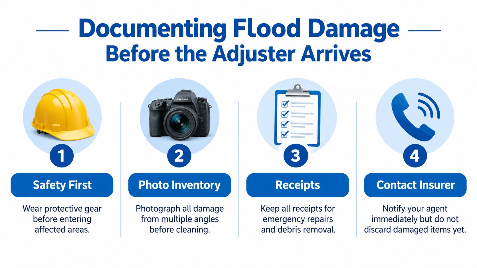 An infographic detailing four essential steps for documenting flood damage before an insurance adjuster arrives.