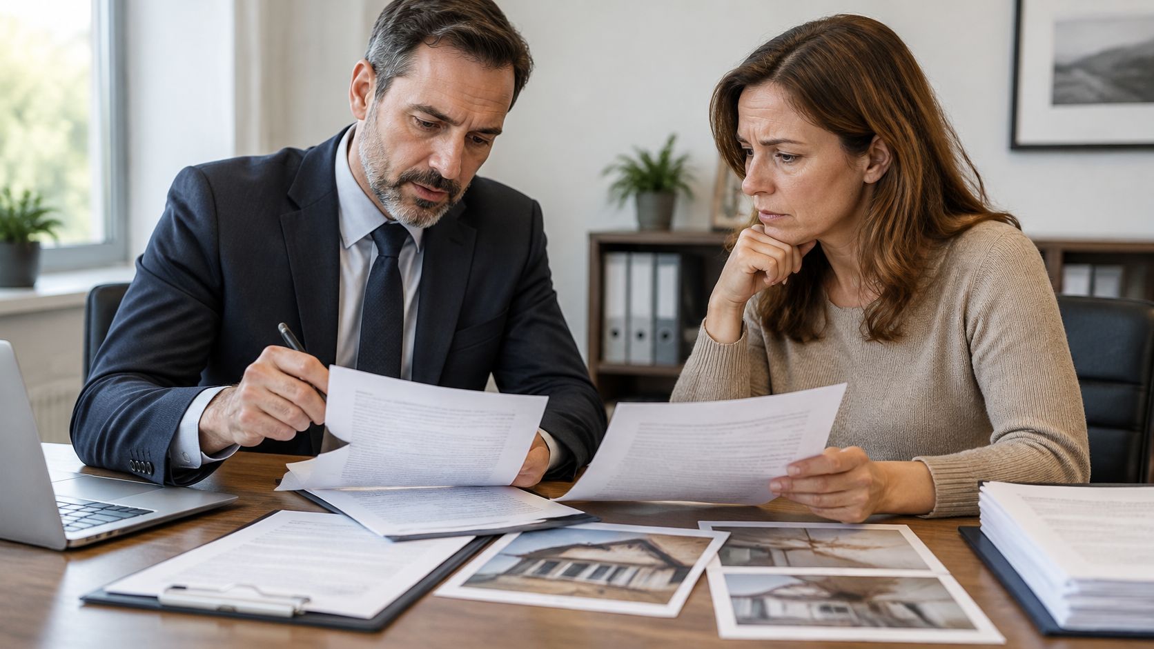 A professional lawyer and a client reviewing house insurance claim documents and property photos in an office.