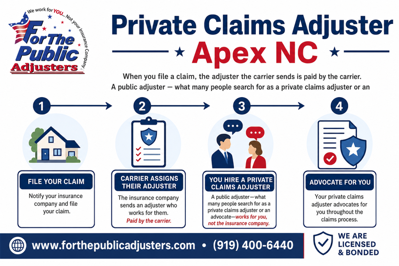 Private Claims Adjuster Apex NC Infographic — When you file a claim, the adjuster the carrier sends is paid by the carrier. A public adjuster — what many people search for as a private claims adjuster or an.