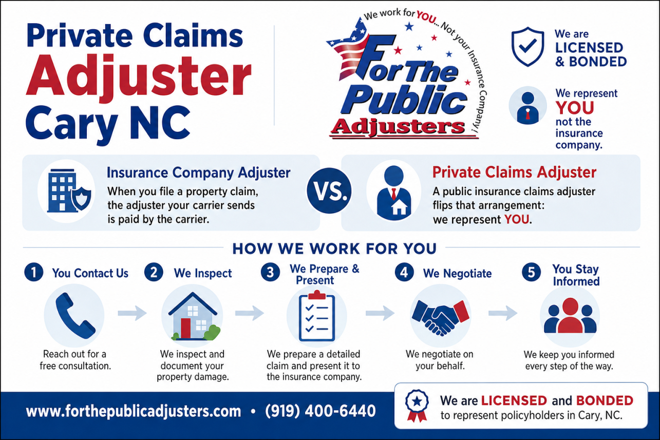 Private Claims Adjuster Cary NC Infographic — When you file a property claim, the adjuster your carrier sends is paid by the carrier. A public insurance claims adjuster flips that arrangement: we represent.