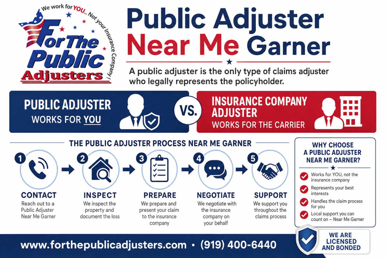 Public Adjuster Near Me Garner Infographic — A public adjuster is the only type of claims adjuster who legally represents the policyholder. The adjuster your insurance company sends works for the carrier;.
