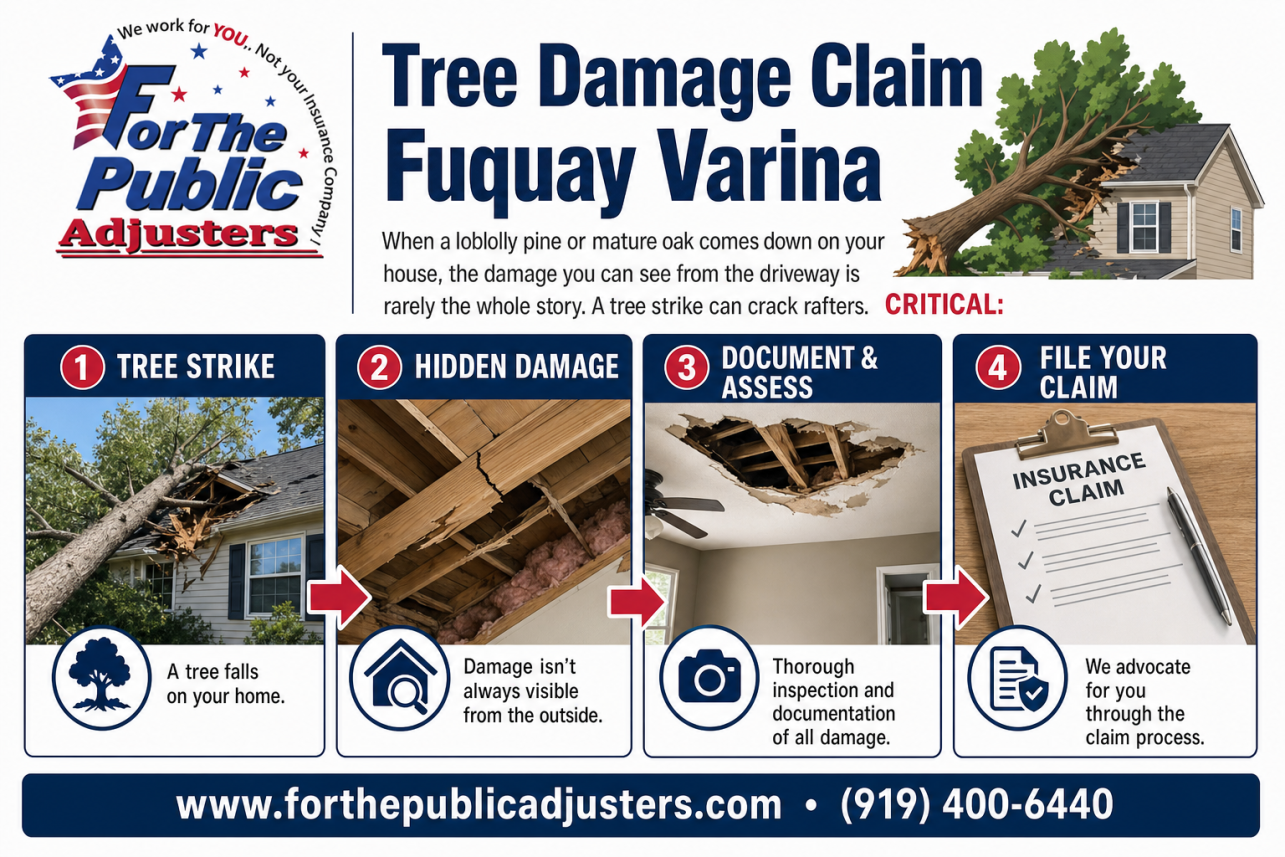 Tree Damage Claim Fuquay Varina Fuquay-varina Infographic — When a loblolly pine or mature oak comes down on your house, the damage you can see from the driveway is rarely the whole story. A tree strike can crack rafters.
