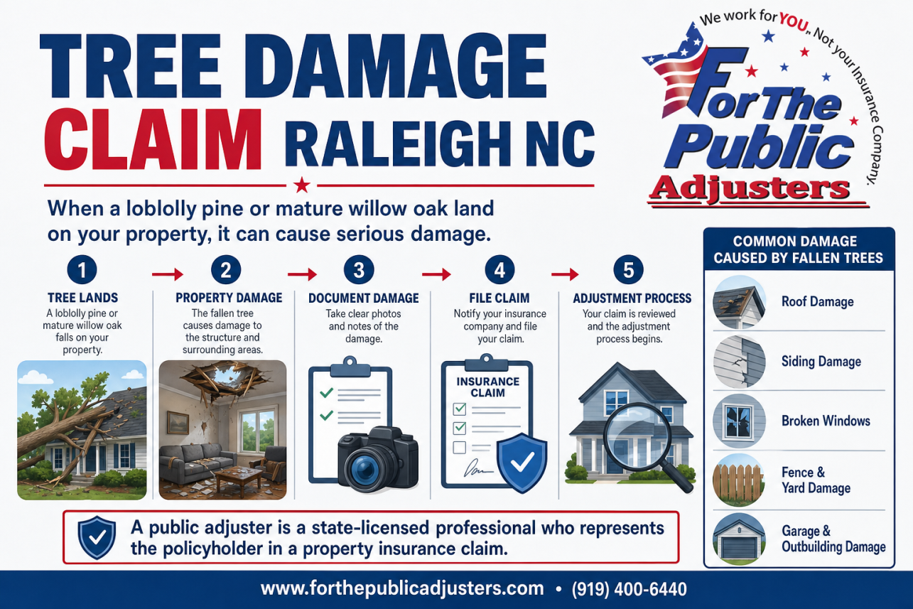 Tree Damage Claim Raleigh NC Infographic — A public adjuster is a state-licensed professional who represents the policyholder in a property insurance claim. When a loblolly pine or mature willow oak land.