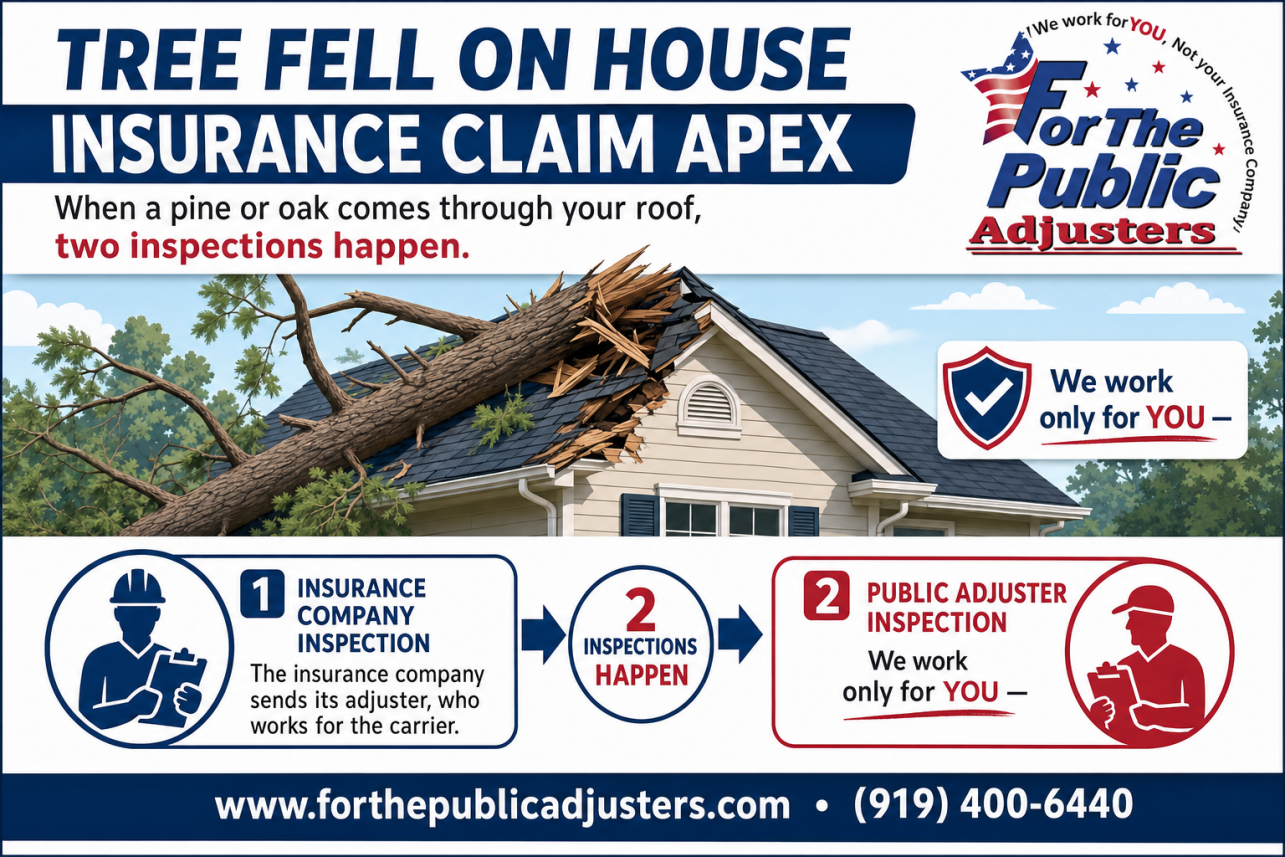 Tree Fell On House Insurance Claim Apex Infographic — When a pine or oak comes through your roof, two inspections happen. The insurance company sends its adjuster, who works for the carrier. We work only for you —.