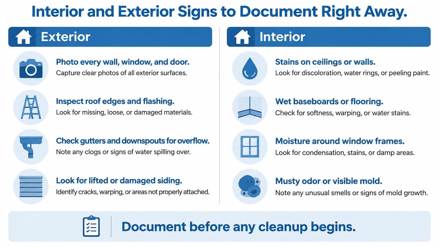 A checklist infographic showing interior and exterior signs of property damage to document before starting any repairs.